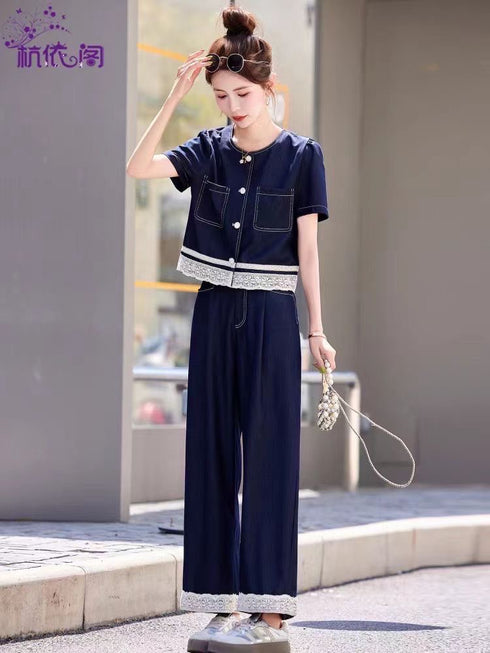 Denim With Lace Border Crop Tops With Pant